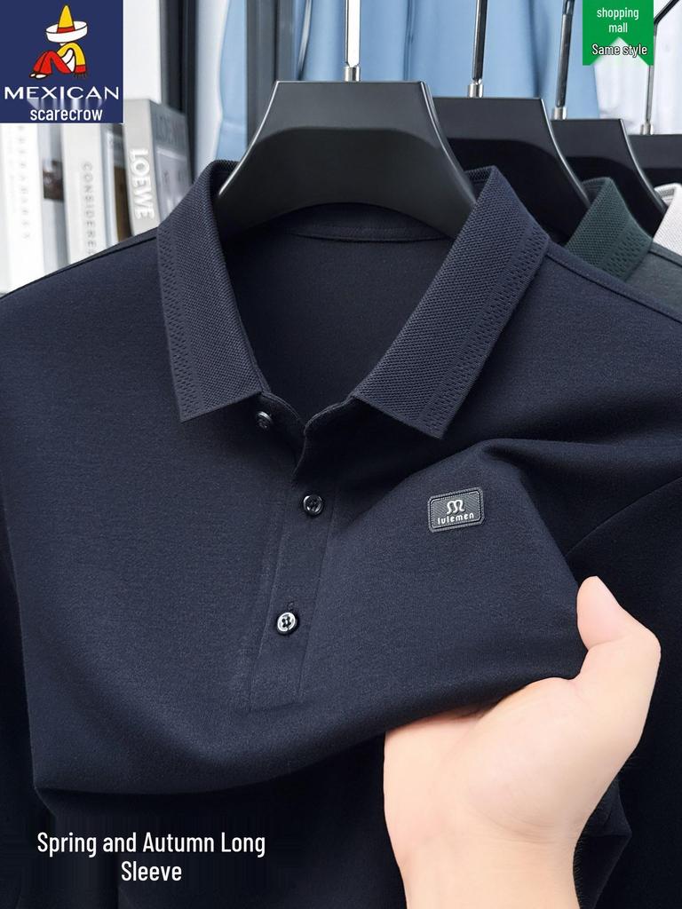 Scarecrow Herren Langarm-Poloshirt, Unifarben, Baumwolle, Lässige lockere Passform für Frühling und Herbst 2025