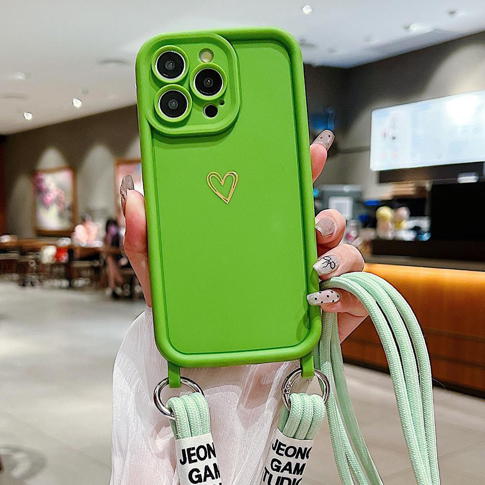 Cute Heart Crossbody Lanyard Liquid Silicone Soft Case For iPhone 17 16 15 Pro Max 14 13 12 11 XR 8 Plus Necklace Strap Cover