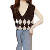 Women's Diamond Pattern V-Neck Knit Vest - Casual Loose Slimming Top for Spring and Autumn
