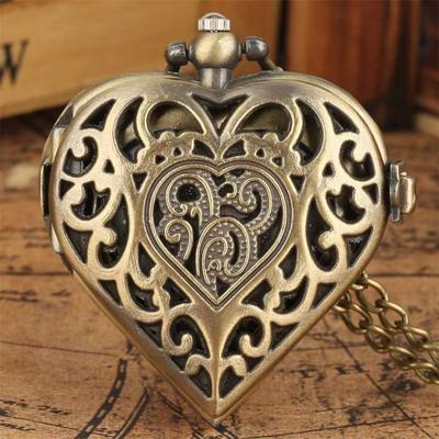 Hollow Heart Shaped Quartz Women's Necklace Pocket Watch Souvenir Gift