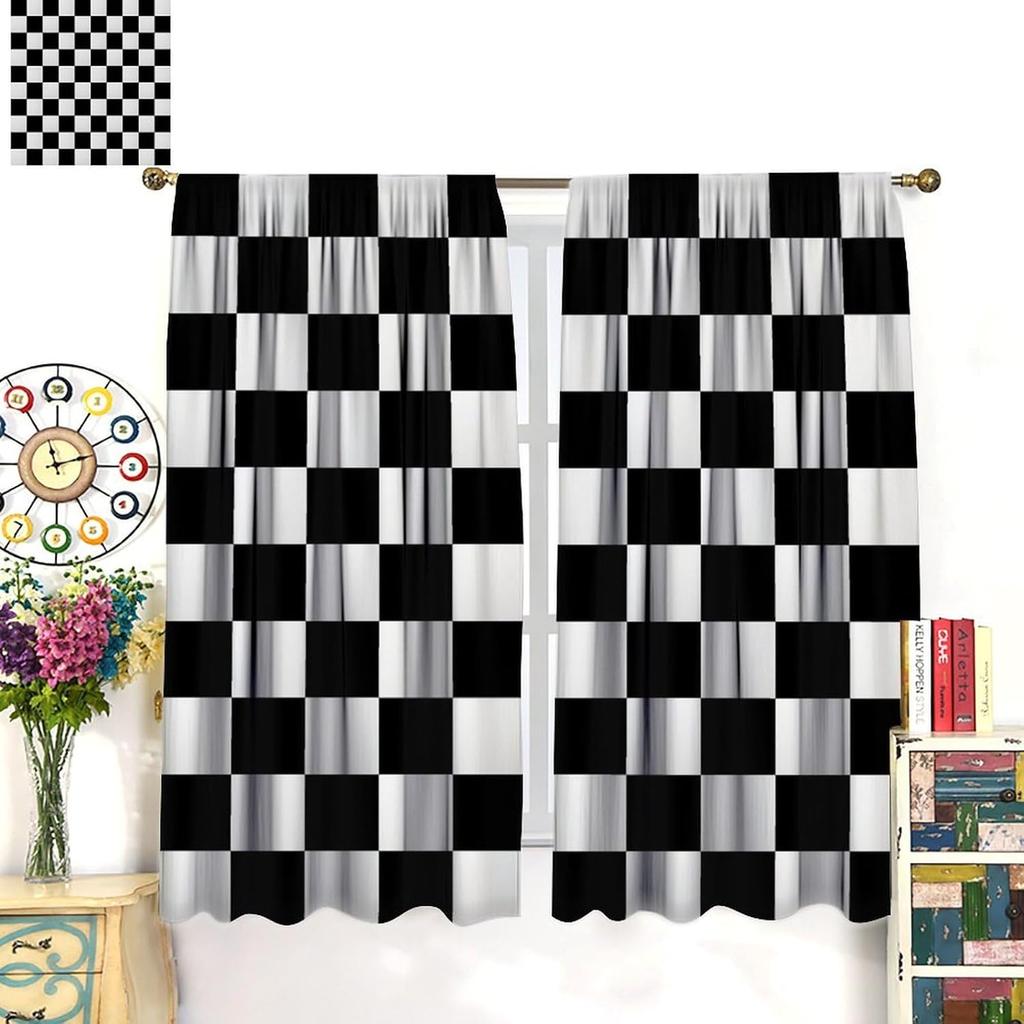 Racing Curtains for Teens Games Room Decor Black White Checkered Flag Art Printed Window Drapes for Kids Bedroom Living Room