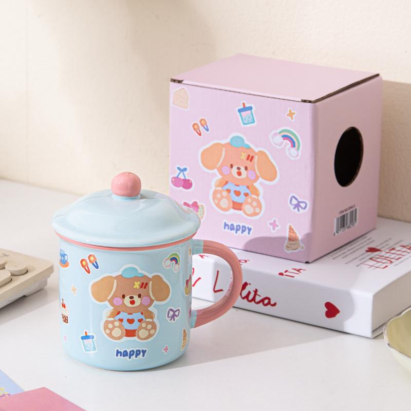 Cute Bear Mug with Lid Cartoon Household Water Cup Ceramic High Looking Breakfast Cup Birthday Gift Souvenir