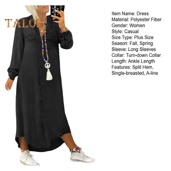 Toamnă, primăvară, rochie de damă, cu un singur rever, mâneci lungi, buzunar pe piept, tiv despicat, rochie de dimensiuni mari, culoare uni, nasturi, linie a, ținută zilnică maxi