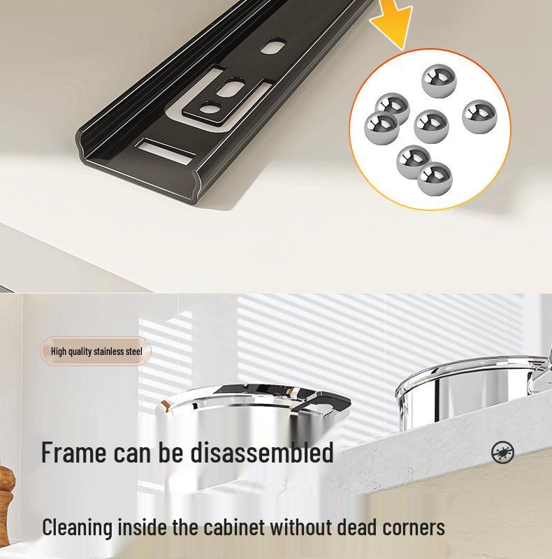 Auszugbarer Topf- und Pfannenorganizer aus Edelstahl mit Besteckfach und Geschirrständer