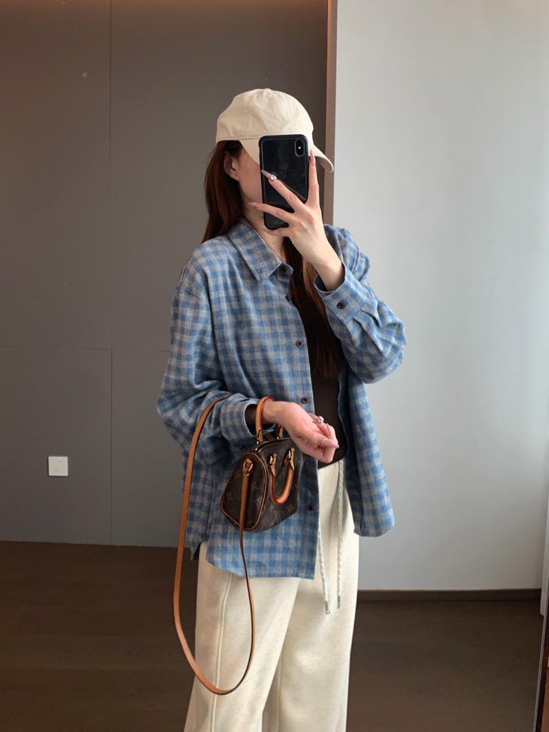 

Heart Embroidered Blue Plaid Quilted Cotton Long Sleeve Shirt - Loose Fit, Brushed Collar, Winter Edition Medium