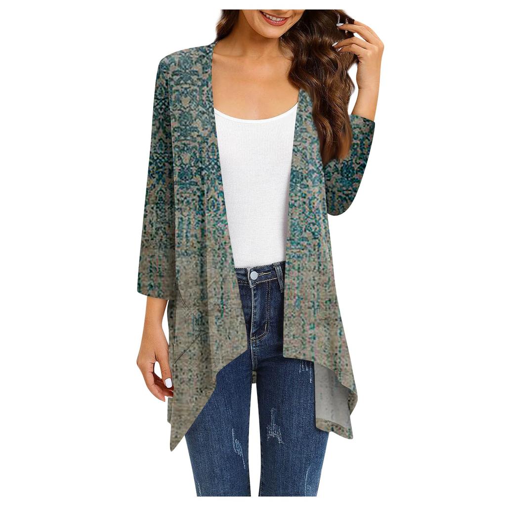 3/4-Ärmel Damen Retro-bedrucktes Oberteil, leichte Jacke, Strickjacke mit Tasche