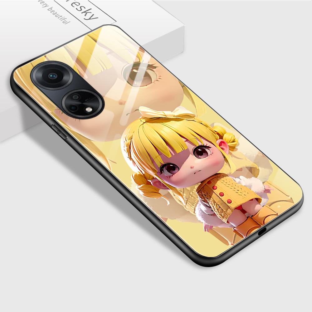 For OPPO A16 A16s A18 A38 A58 A78 A96 A98 Reno8T 10 Pro 12F Realme C30 C33 C63 C65 C67 Cute Cartoon Girl Shockproof Glossy Tempered Glass Phone Case