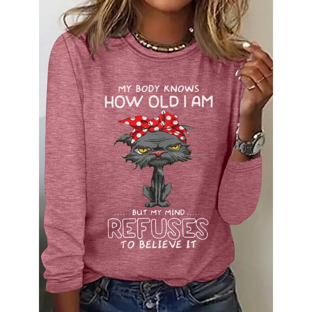 Okrągły dekolt 3D nadruk zabawny kot wzór top modny casual długi rękaw damskie koszulki