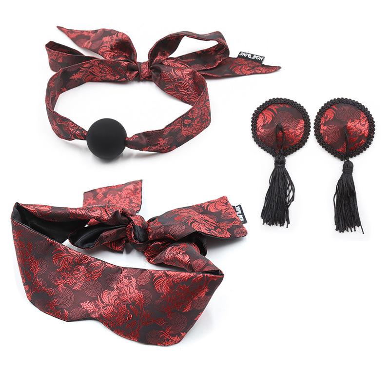 Retro Court Chinese Style Fabric Restraint Set: Foot Cuffs, Gag Ball, Eye Mask, Leash, Collar.