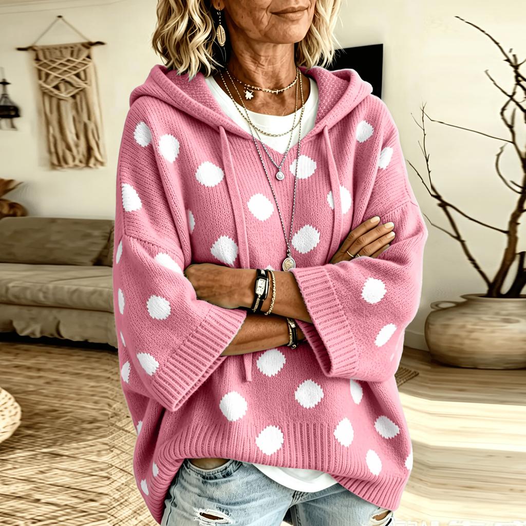 Women's Polka Dot Knit Hoodie Sweater with Drawstring Hood