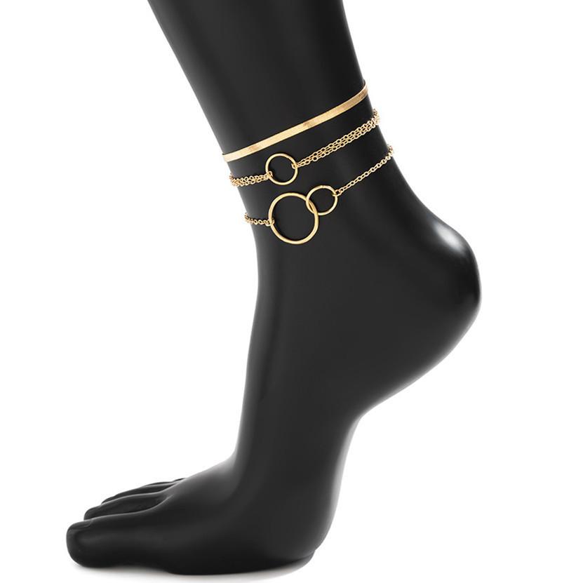 Metal circle chain geometric foot decoration simple double ring snake bone chain set anklet women