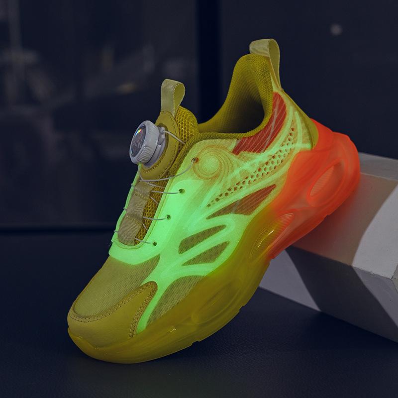 New 2025 boys' sneakers mesh breathable luminous rotating buckle non-slip and wear-resistant children's sneakers tide