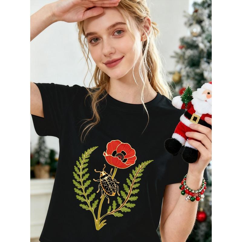 

Womens Short Sleeve Tee Black White Grey Poppy Flower Beetle Print Round Neck Stretchy Fabric All Season Fashion Trendy Comfortable Fit Casual Gift 4XL чорний