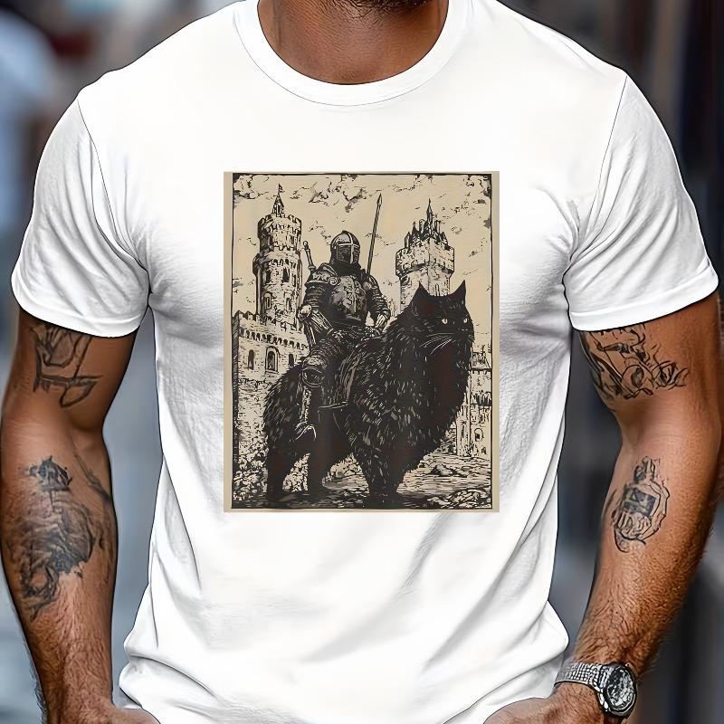 Vintage Style Knight Riding Cat Print Summer Short Sleeved Tshirt for Unisex Summer New Style Suitable for Both Unisex and Women