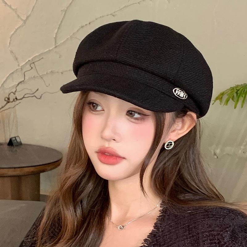 

Элегантная женская восьмиугольная кепка Newsboy с винтажными надписями — теплая и стильная для осени/зимы, влагоотводящий полиэстер ONE SIZE чёрный