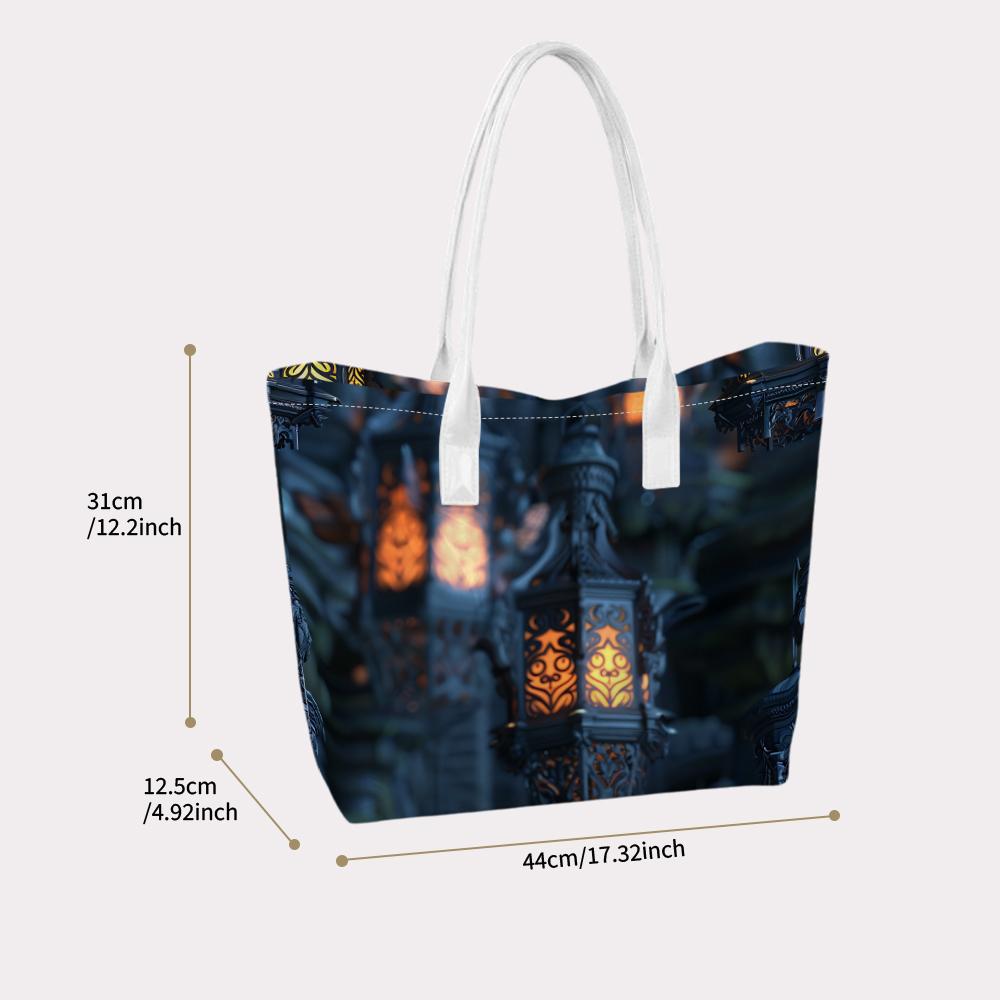 Vintage Lantern Pattern Tote Bag Large Capacity Daily Carry Shoulder Bag for Shopping Commute