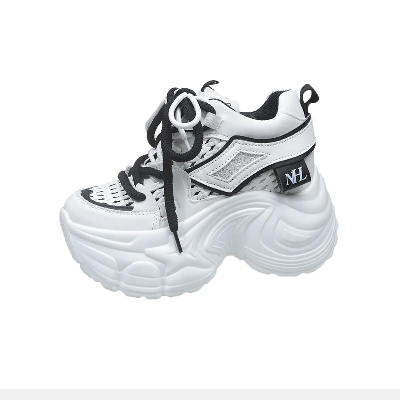 Fashion 9CM New 2025 Chunky Leather Sneakers Summer Casual Vulcanized Shoes Woman High Platform Breathable Mesh Sneakers Sport Dad Shoes