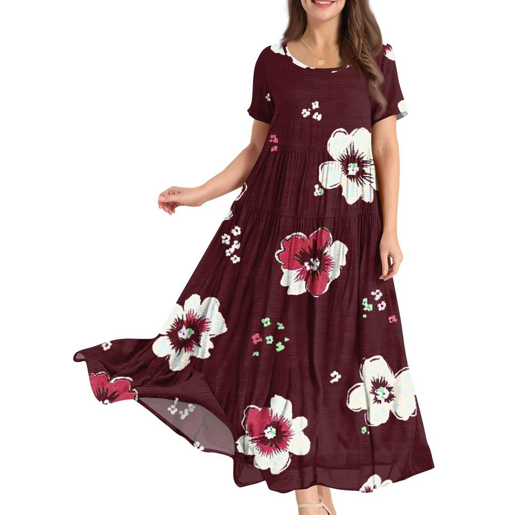 Dámské letní šaty s kulatým výstřihem, krátkým rukávem, květinovým potiskem, boho, volné