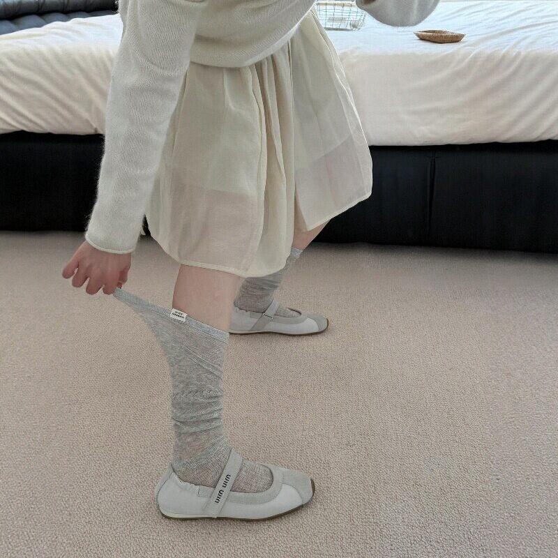 Women Japanese Ballet White Stackable Socks, Spliced Vertical Pattern Mesh Breathable Mid‑Calf Stockings