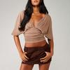 Women Tops Puff Sleeves V Neck Slim Fit Pleated Waist Pullover Tops Pure Color Summer Short Tops Daily Wear