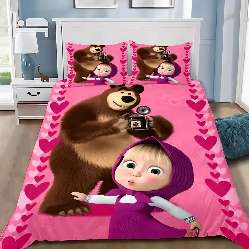 Set di biancheria da letto con copripiumino e federe stampati in 3D con Masha e Orsi, ideale per camere da letto singole, matrimoniali, queen size e king size.