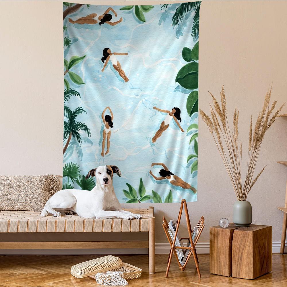 

VIKAMA Summer Tropical Watercolor Art Tapestry Pool Holiday Mori Garden Cute Scandinavian Style Living Room Room Decoration 74x94cm(29x37in)