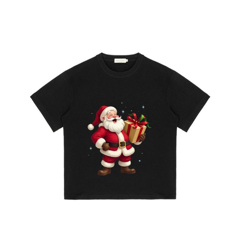 Christmas T-Shirt Black Santa Claus Holding Gift Box Holiday Party Wear