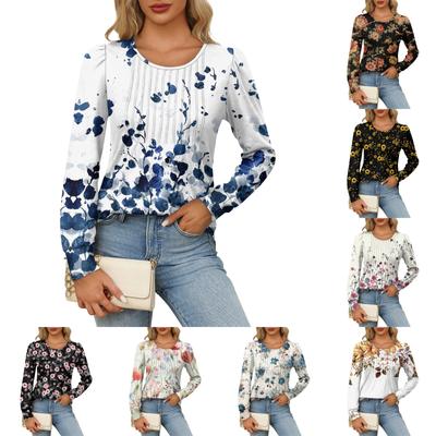 Women's Casual Fashion Long Sleeve Print Pleated Round Neck Shirt Casual Tops