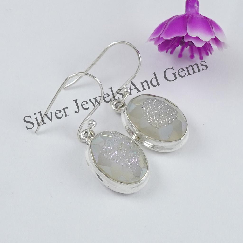 White Druzy Earrings, Solid 925 Sterling Silver Earrings, Oval Druzy Earrings, Gift for Friend, Handmade Earrings For Women