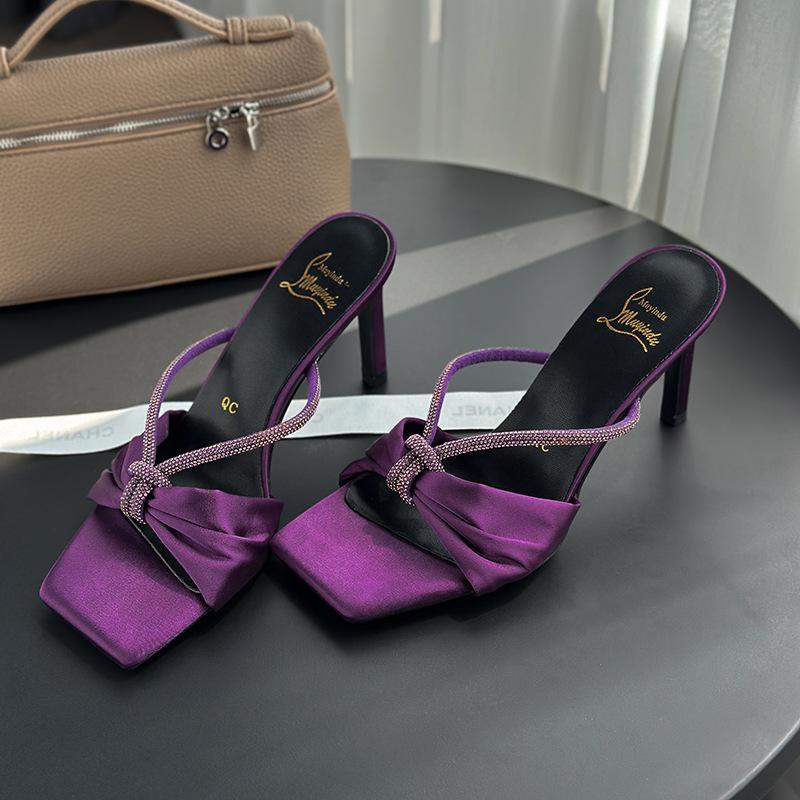

Spot 24L3 summer high-heeled cool slippers women s 2025 new open-toed satin rhinestone versatile one-word belt sandals 43