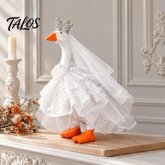 Soft Lace Goose Costume 7 Inch Mini Wedding Outfit, Tulle Bridal Dress with Crown, Crown for Ornament Veil & Pearl Bracelet, Cute Figurine Tabletop