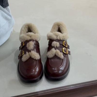 Winter Velvet Warm Round Head Belt Buckle Comfortable Soft Sole Thick Heel College Style Women's Loafers