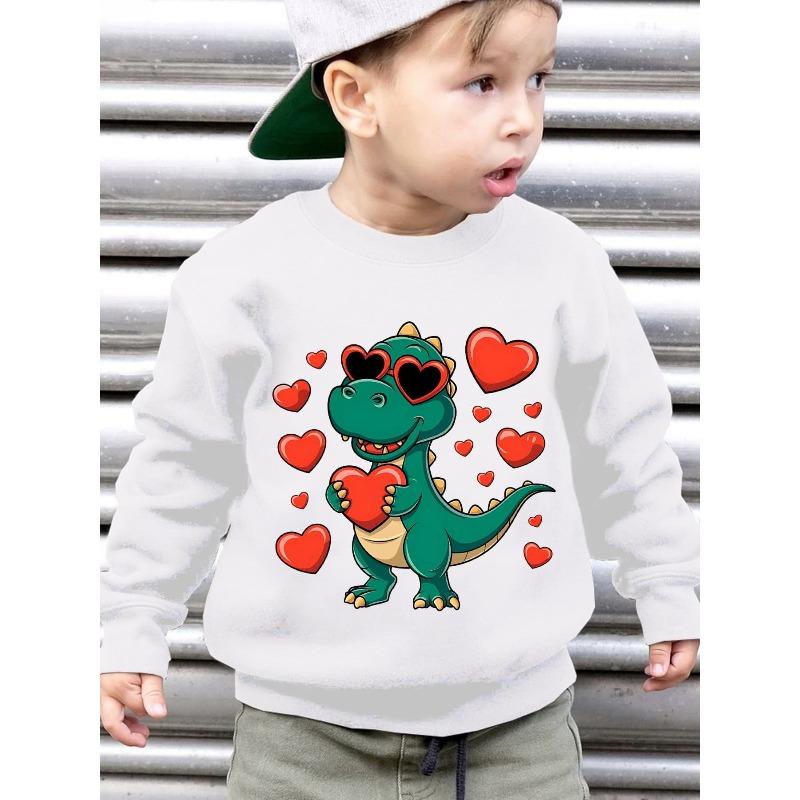 European sizes  Kids   Fashion -Lined Crew Neck Brushed Sweatshirt with Dinosaur Wearing Heart-Shaped Fashion Glasses Holding a Heart 110 белый