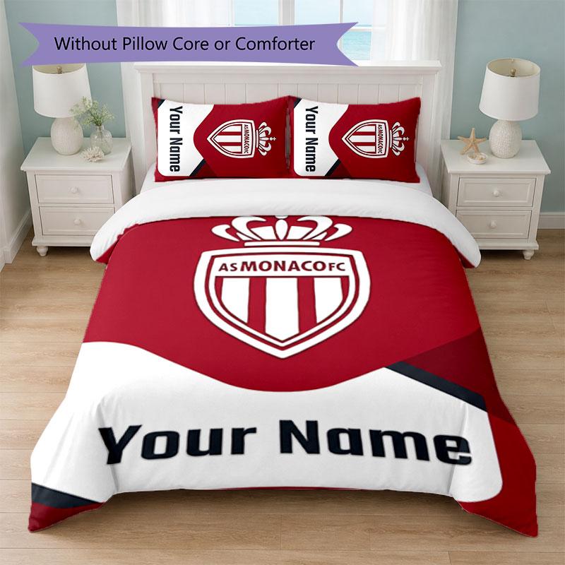 Monaco FC Custom Name Text Bedding Set 1 Duvet Cover+2 Pillowcases Soccer Logo Personalized Gift For Special Occasion Bedroom Decor