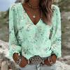 Yousheng Women Tops Retro Floral Print Puff Long Sleeve Shirt V-neck Loose Fit Casual Blouse Breathable Daily Wear
