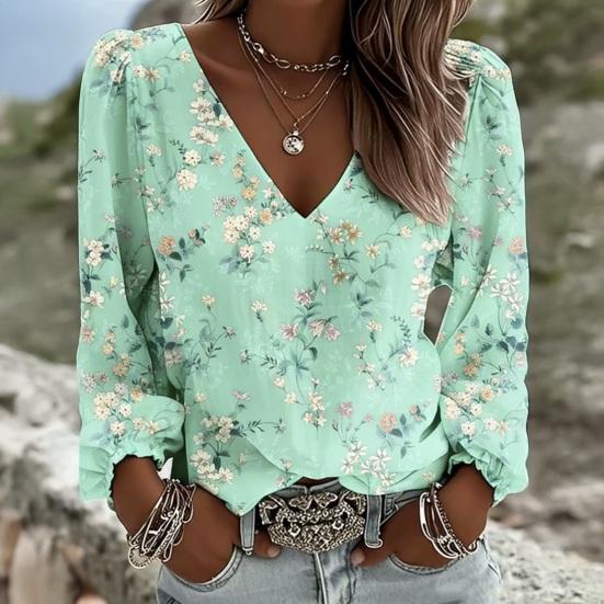 Yousheng Women Tops Retro Floral Print Puff Long Sleeve Shirt V-neck Loose Fit Casual Blouse Breathable Daily Wear