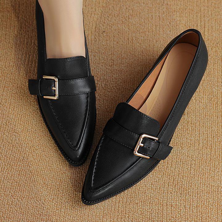 Small brown leather shoes women's single shoes pointed British style retro belt buckle loafers spring and autumn middle heel soft leather one pedal