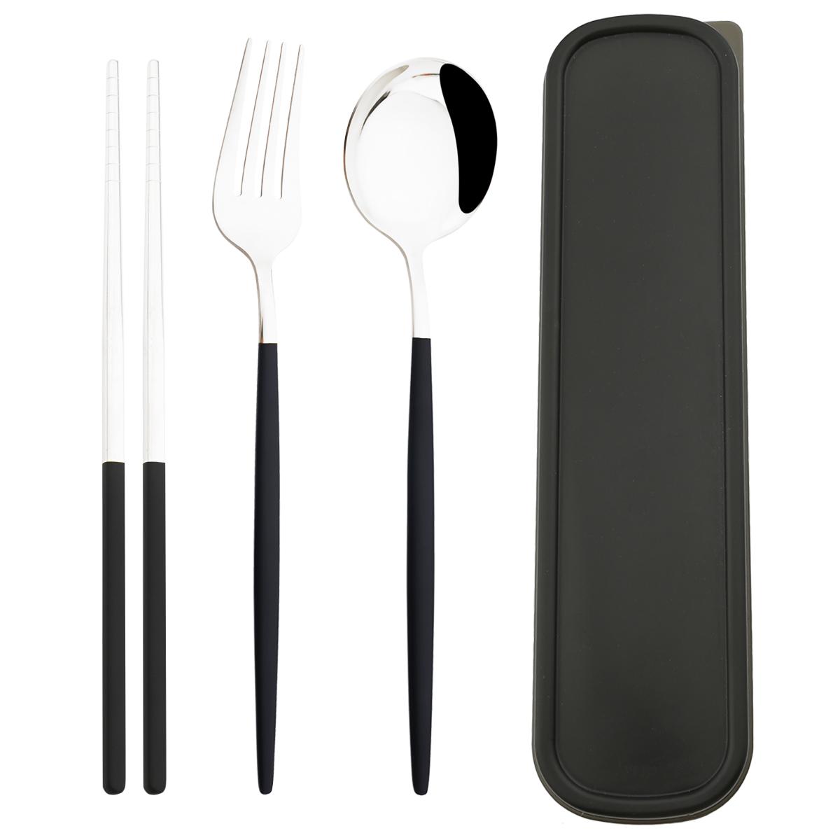 

5 шт., набор столовой посуды из черного золота, портативные столовые приборы из нержавеющей стали, дорожные столовые приборы, вилка, ложка, палочки для еды, посуда с коробкой для хранения