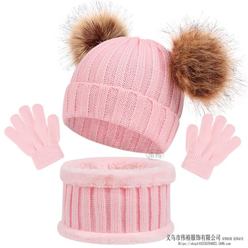 Kids Winter Warm Knitted Set Pom‑pom Hat Scarf Gloves 3‑Pcs Set Or Single Beanie Hat Windproof Ear Protection For Boys Girls Cold Weather Outdoor