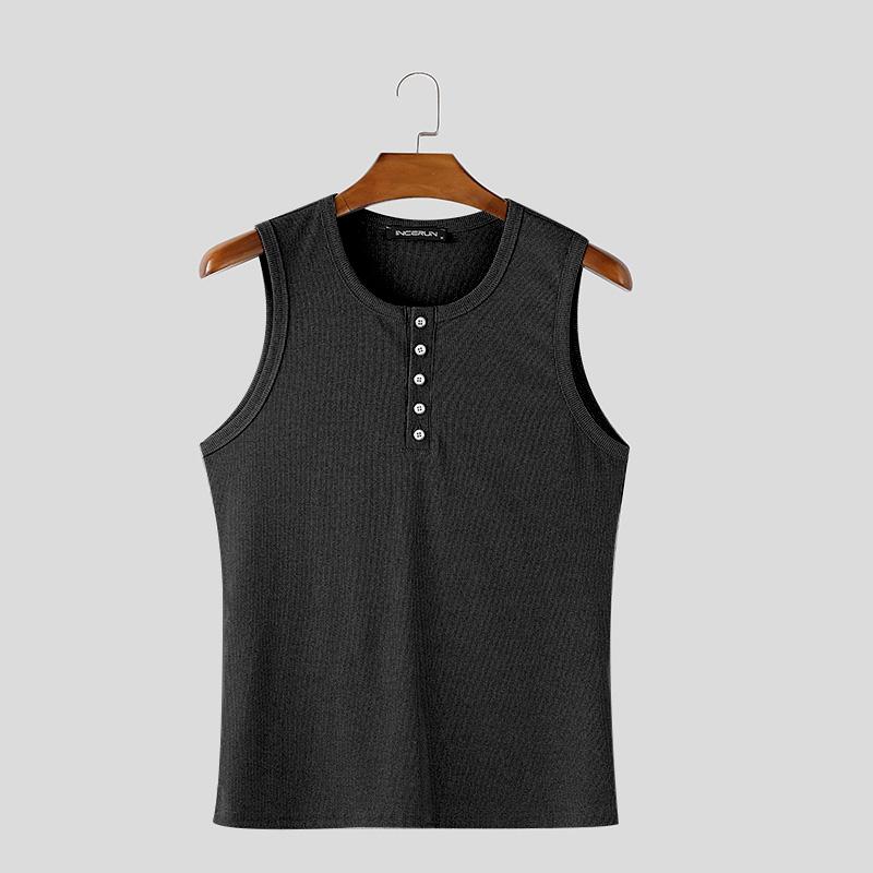 

INCERUN Mens Summer Button O-neck Sleeveless Solid Color Casual Rib Tank Tops чёрный