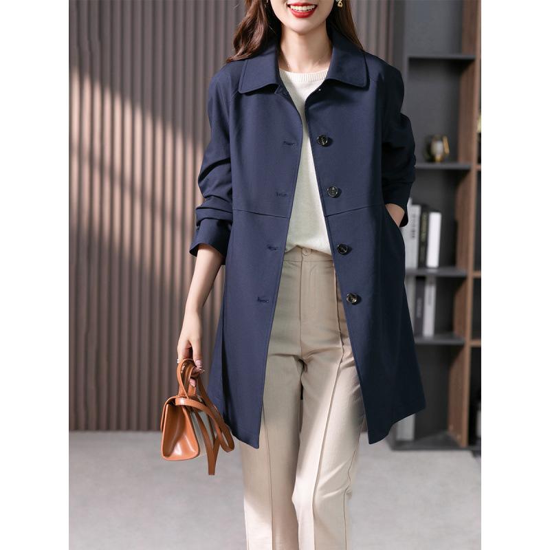 Women's Solid Color Lapel Single Breasted Straight Trench Coat Mid Length Casual Outerwear Jacket