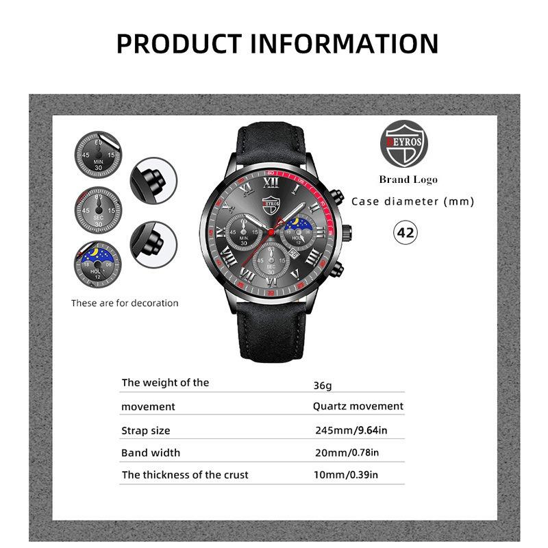 2PCS Set DEYROS Fashion Student Watch Business Men leather Strap Calendar Watch New Men Quartz Watch&Bracelet Men Gift