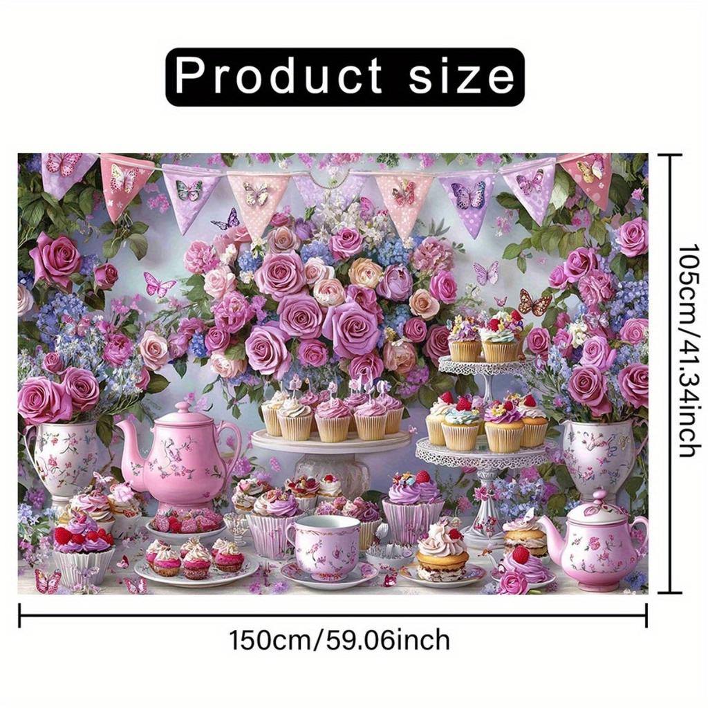 Een magisch tuinfeest met levendige bloemen en vlinders, met roze rozen, taarten en theepotten.