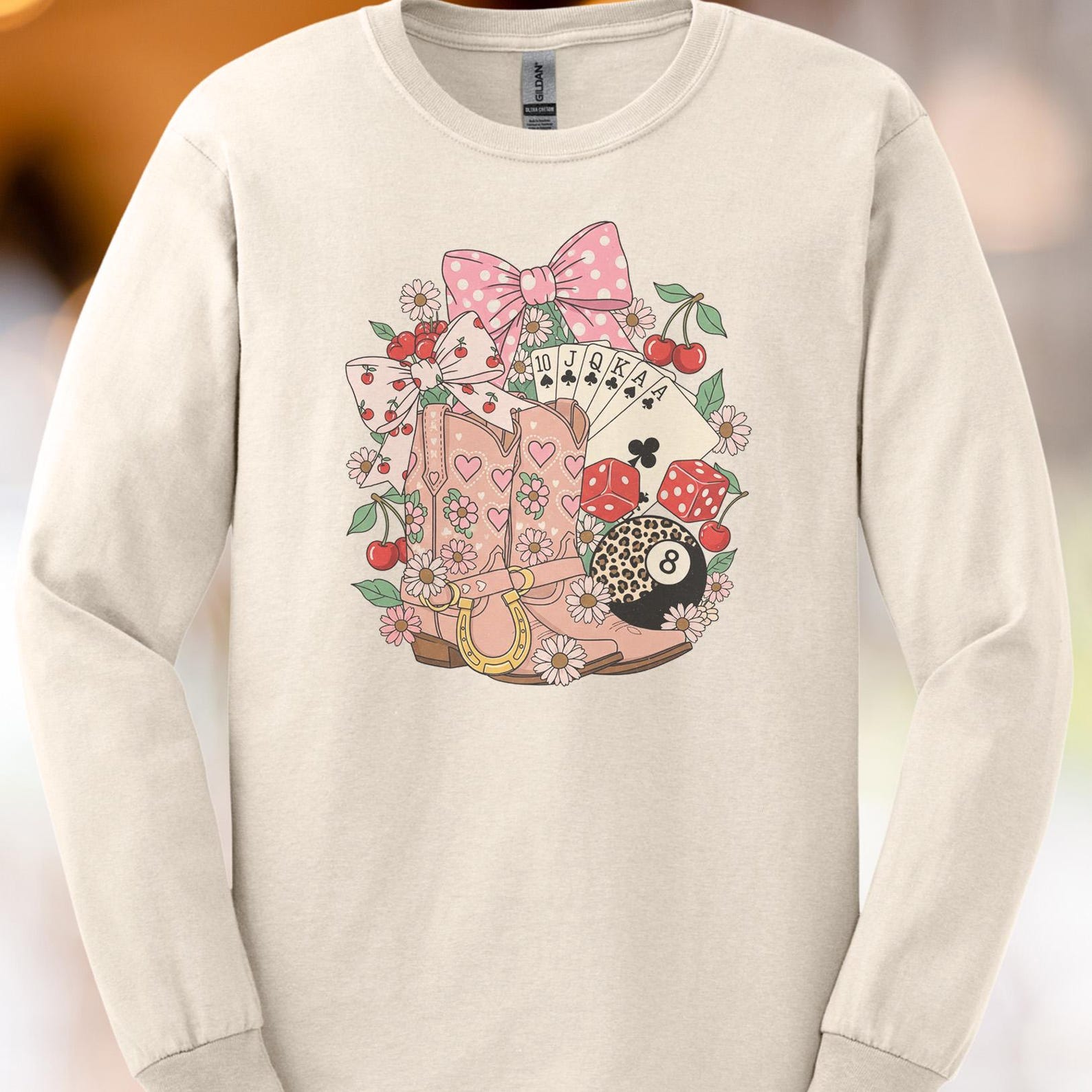 Western Cowgirl Boots Floral Poker Cards Dice Lucky Horseshoe Pink Bow Cherry Daisy Graphic Tee Shirt 130