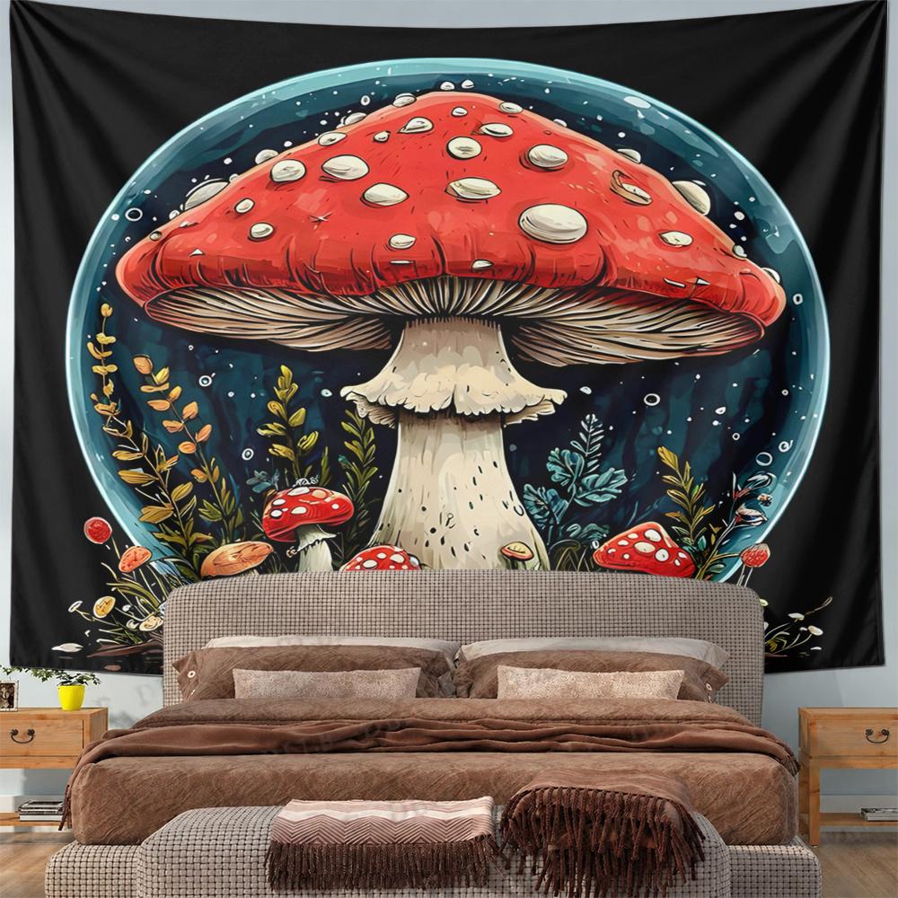 Landscape Wall Tapestry Red Spotted Fly Agaric Mushroom Forest Folk, Black Red, Wide Decor for Adult Bedroom Gift