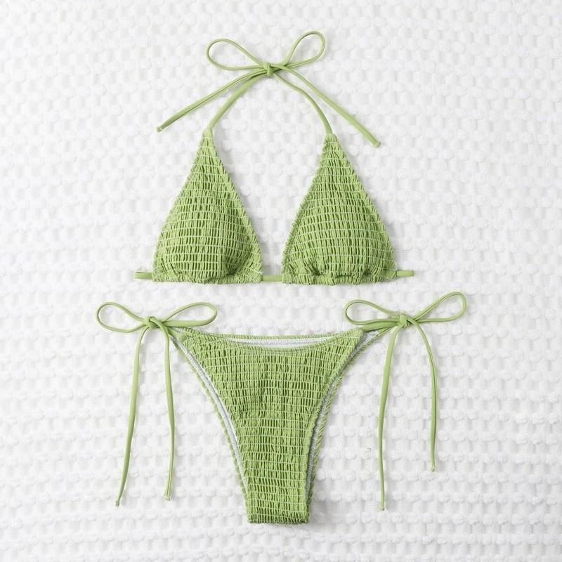 Lace Up High Waist Split Swimsuit Women s Bikini Hanging Neck Sexy XS зелёный