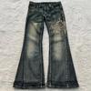 Street Harajuku Heavy Industries Retro Mønster Broderi Blå Vasket Jeans Dame Personlig Casual Spleiset Slengbukser