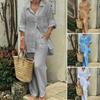 Elegant Solid Cotton Linen Shirt 2 Piece Set for Women Casual Outfits Autumn Long Sleeve Pocket Top Wide Leg Pants Suits Female