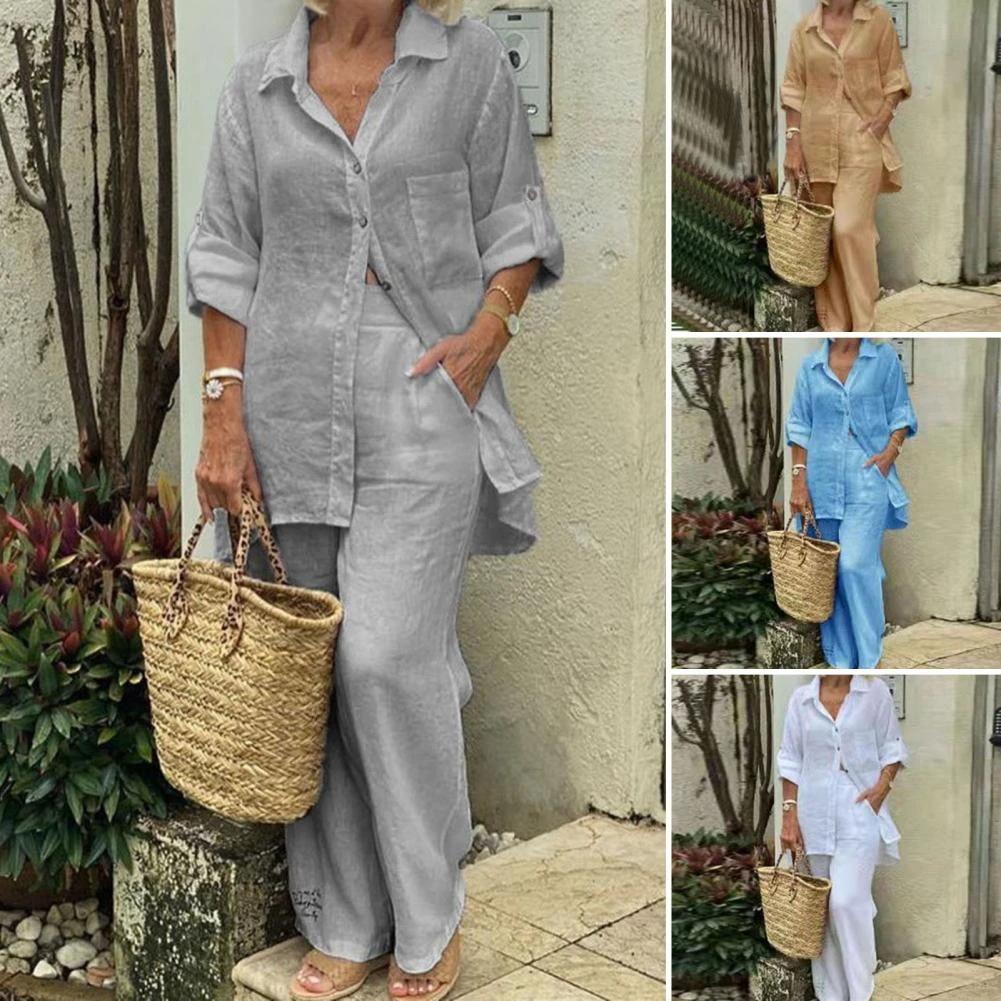 Elegant Solid Cotton Linen Shirt 2 Piece Set for Women Casual Outfits Autumn Long Sleeve Pocket Top Wide Leg Pants Suits Female