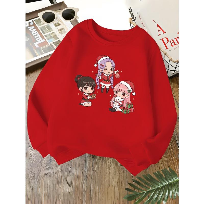 Kids Unisex Crewneck Sweatshirt, Cute Chibi Santa Girls Christmas Gift Snowman Gingerbread Print Soft Fleece Pullover For Boys Girls Over 4 Years Old